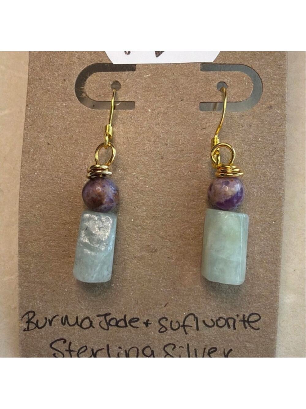 Burma Jade & Sufluorite Wire Wrapped Earrings, Gold Over Sterling Silver, Flower